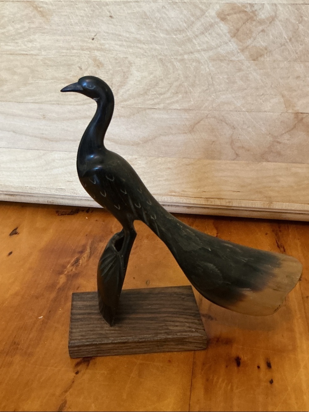 Indian Handcrafted Carved from Horn Black Peacock Figurine